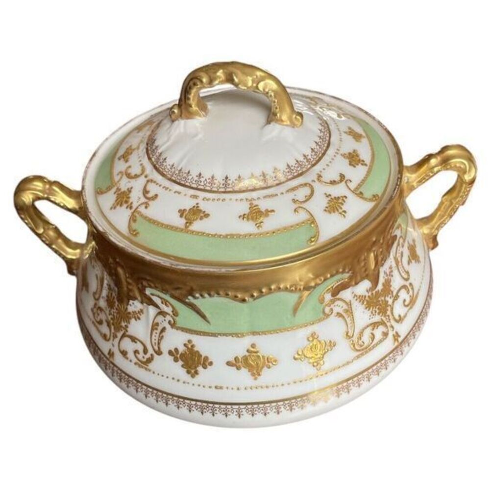 Limoges Blakeman‎ & Henderson Antique Tureen  Gold Green White France